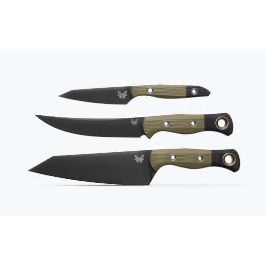 Benchmade 3 Piece Kitchen Knife Set, CPM-154 Black DLC Blades, OD Green and Black G10 Handles