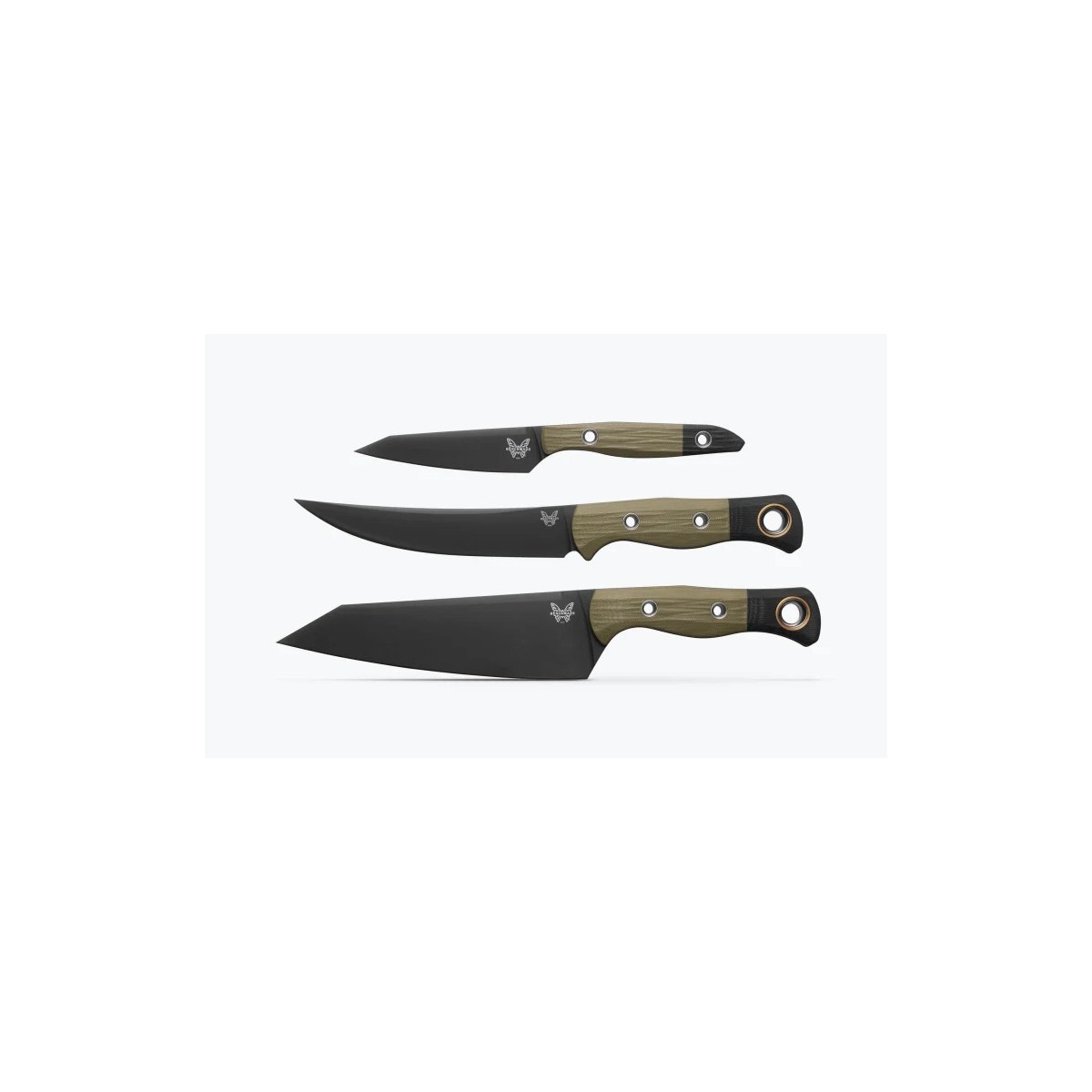 Benchmade 3 Piece Kitchen Knife Set, CPM-154 Black DLC Blades, OD Green and Black G10 Handles